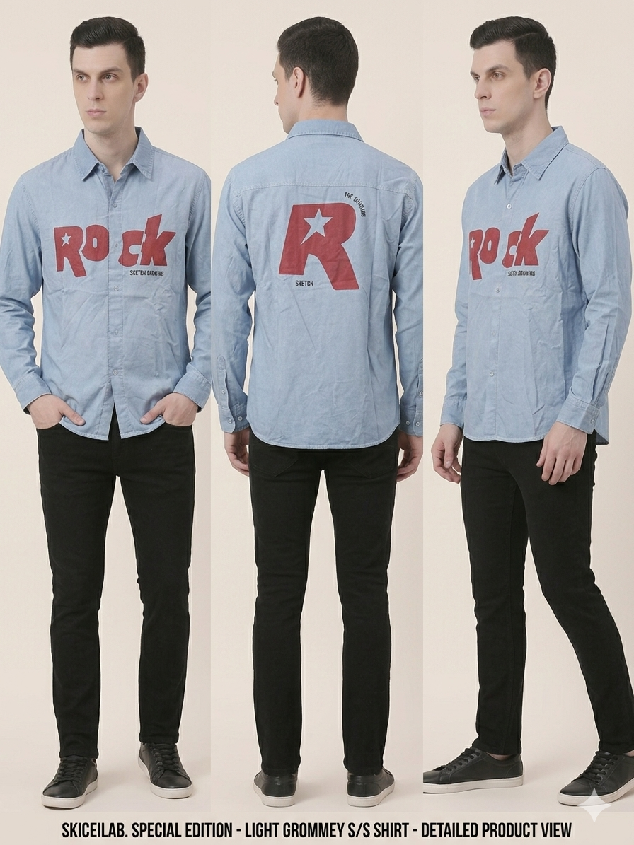 Light Blue Denim ROCK Print Full Sleeve Shirt – TRY ME