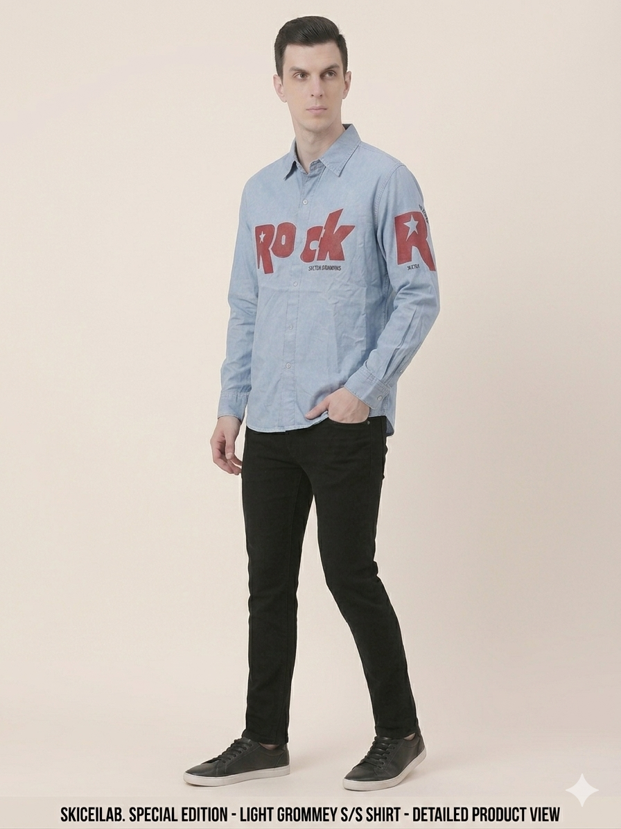 Light Blue Denim ROCK Print Full Sleeve Shirt – TRY ME