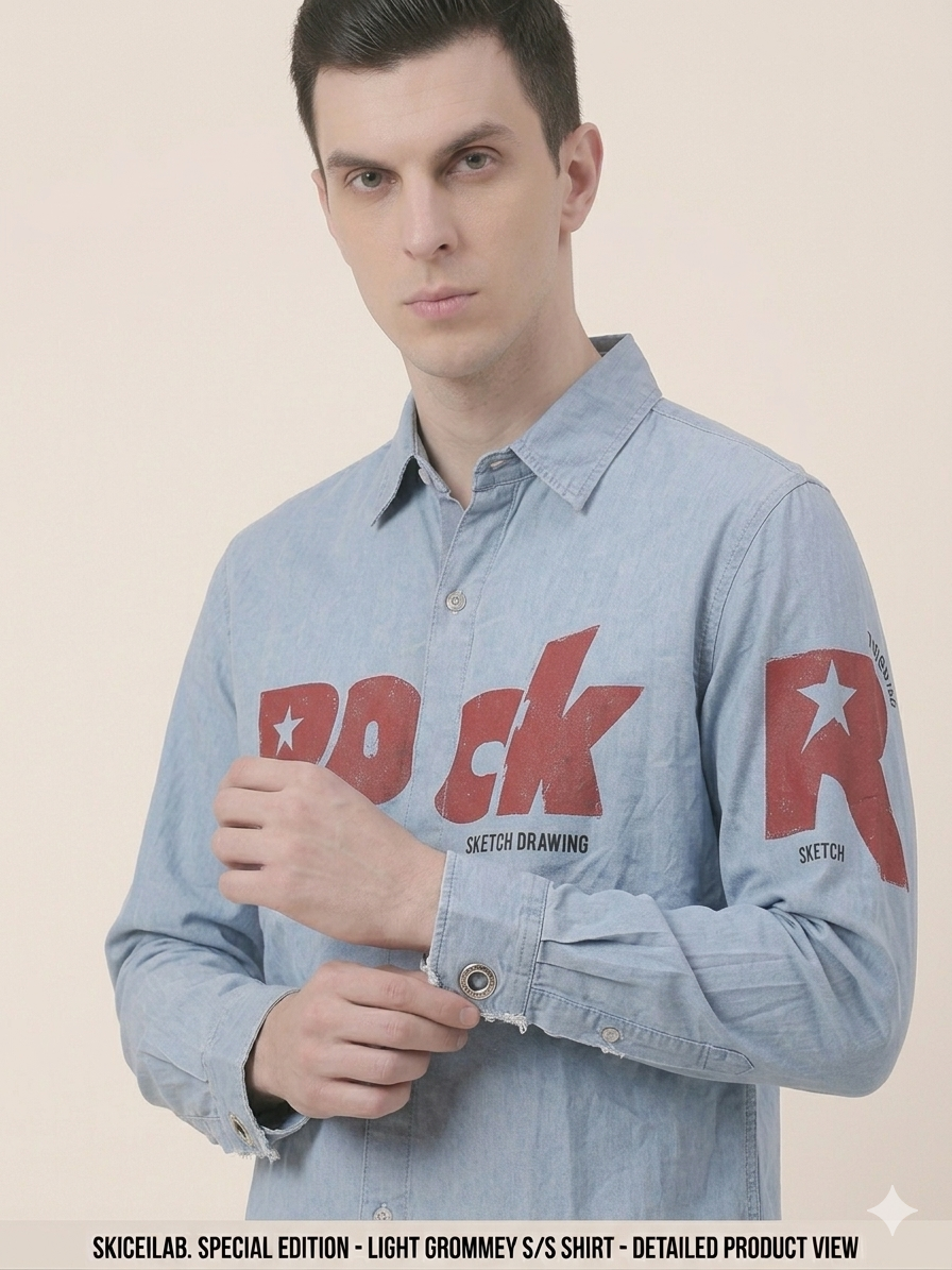 Light Blue Denim ROCK Print Full Sleeve Shirt – TRY ME