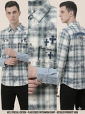 Grey Blue Plaid Cross Patchwork Embroidery Full Sleeve Shirt – TRY ME