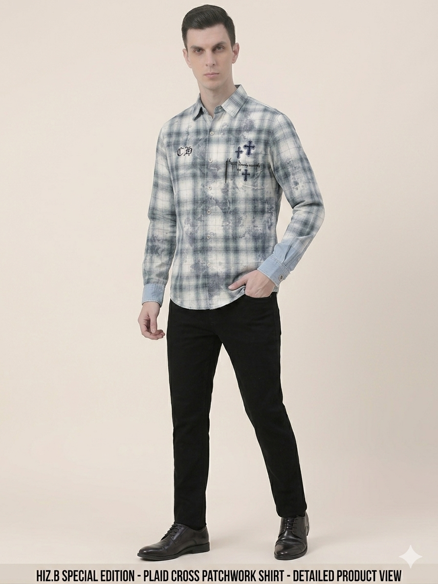 Grey Blue Plaid Cross Patchwork Embroidery Full Sleeve Shirt – TRY ME