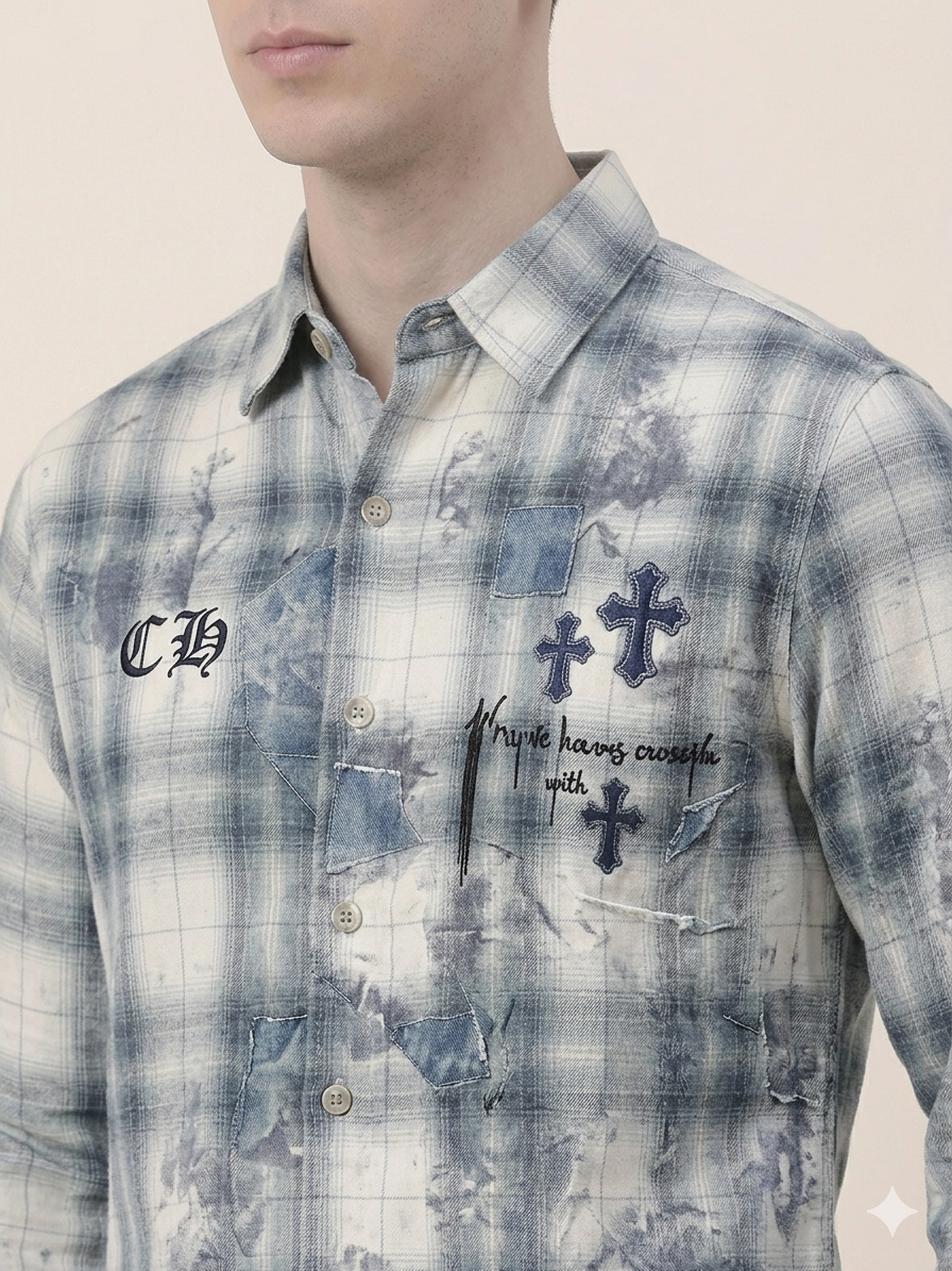Grey Blue Plaid Cross Patchwork Embroidery Full Sleeve Shirt – TRY ME