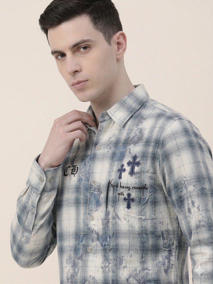 Grey Blue Plaid Cross Patchwork Embroidery Full Sleeve Shirt – TRY ME