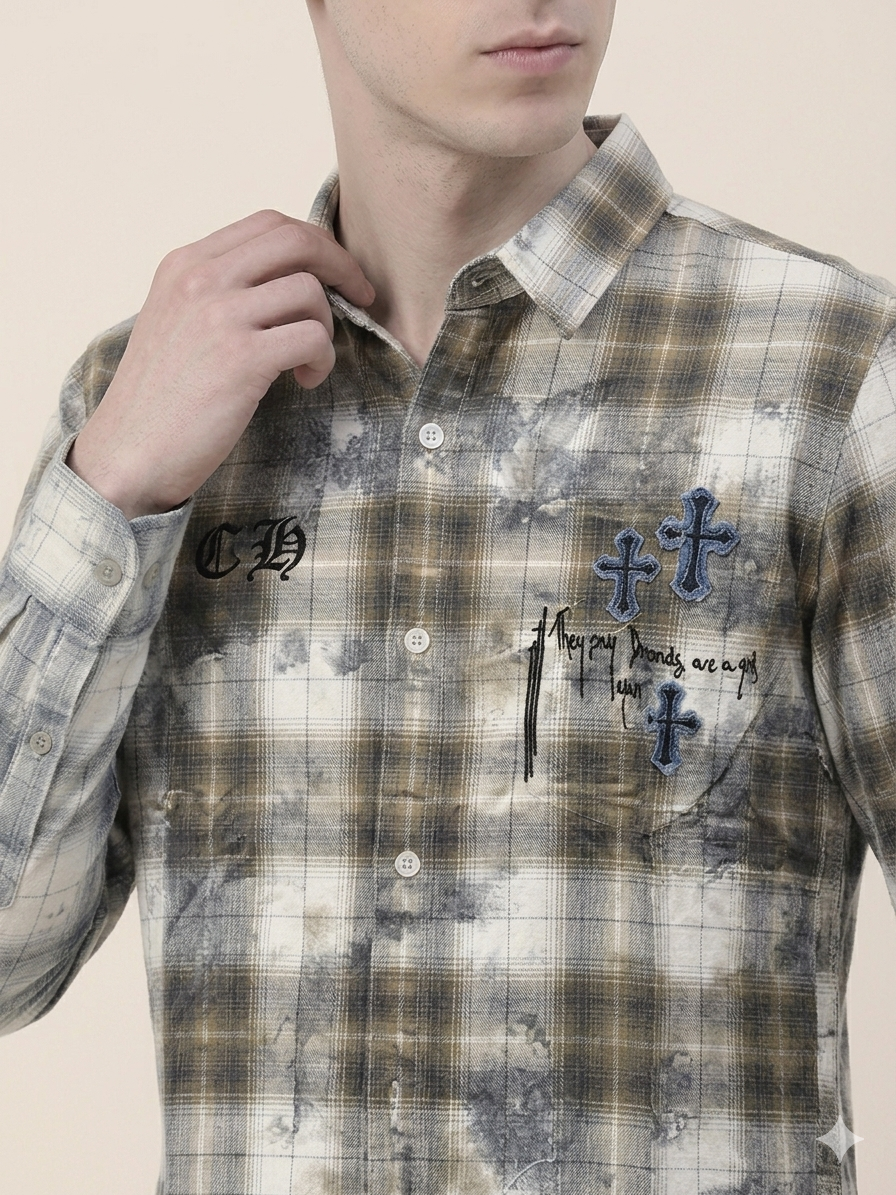 Olive Khaki Plaid CH Cross Embroidery Distressed Full Sleeve Shirt – TRY ME