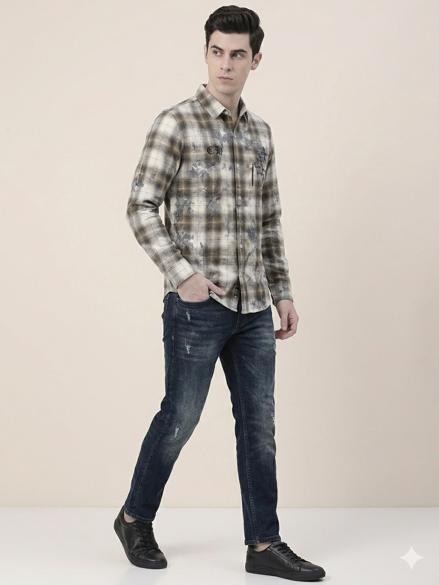 Olive Khaki Plaid CH Cross Embroidery Distressed Full Sleeve Shirt – TRY ME