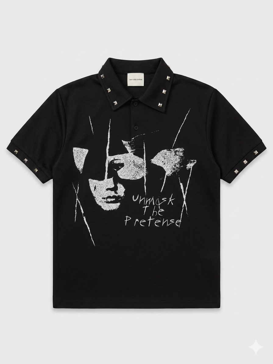 White “Unmask The Pretense” Studded Collar Polo T-Shirt – TRY ME