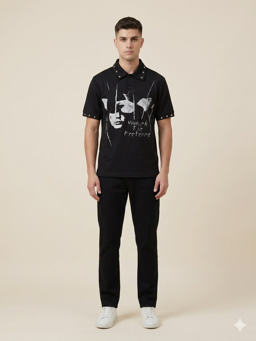 White “Unmask The Pretense” Studded Collar Polo T-Shirt – TRY ME