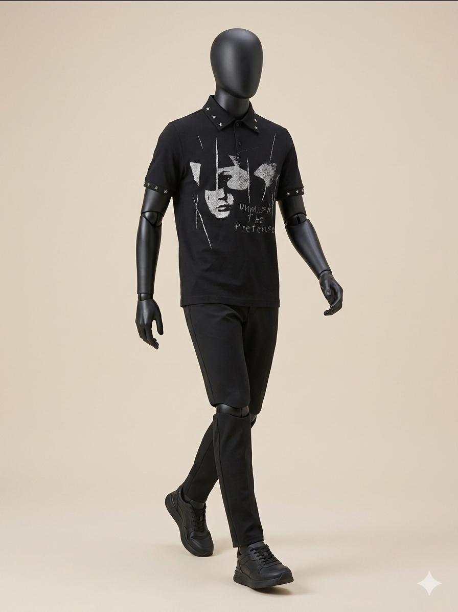 White “Unmask The Pretense” Studded Collar Polo T-Shirt – TRY ME