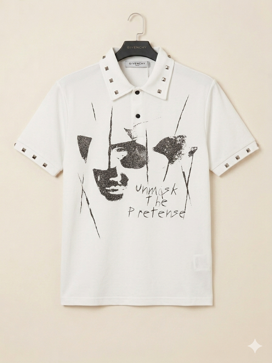 White “Unmask The Pretense” Studded Collar Polo T-Shirt – TRY ME