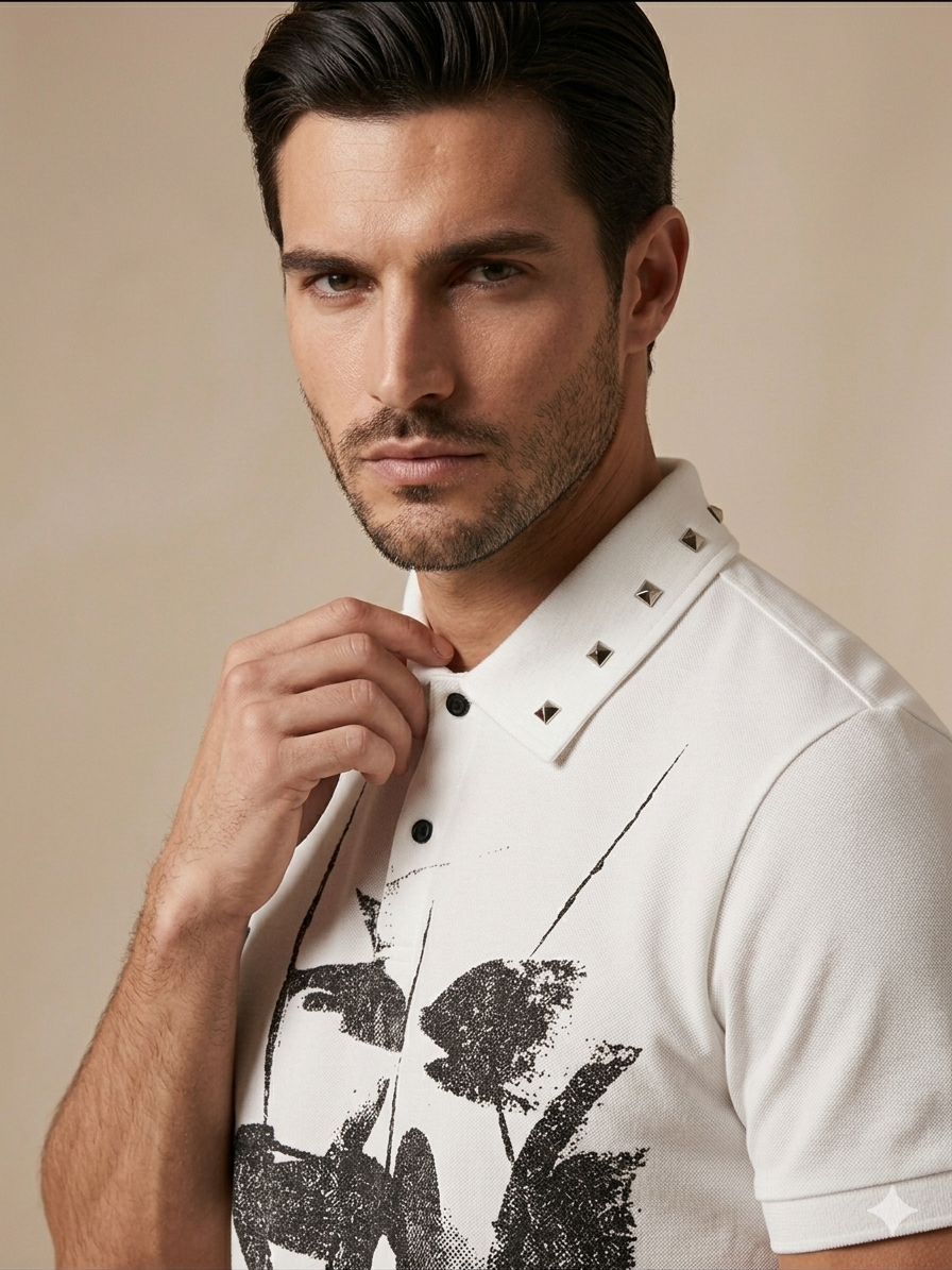 White “Unmask The Pretense” Studded Collar Polo T-Shirt – TRY ME