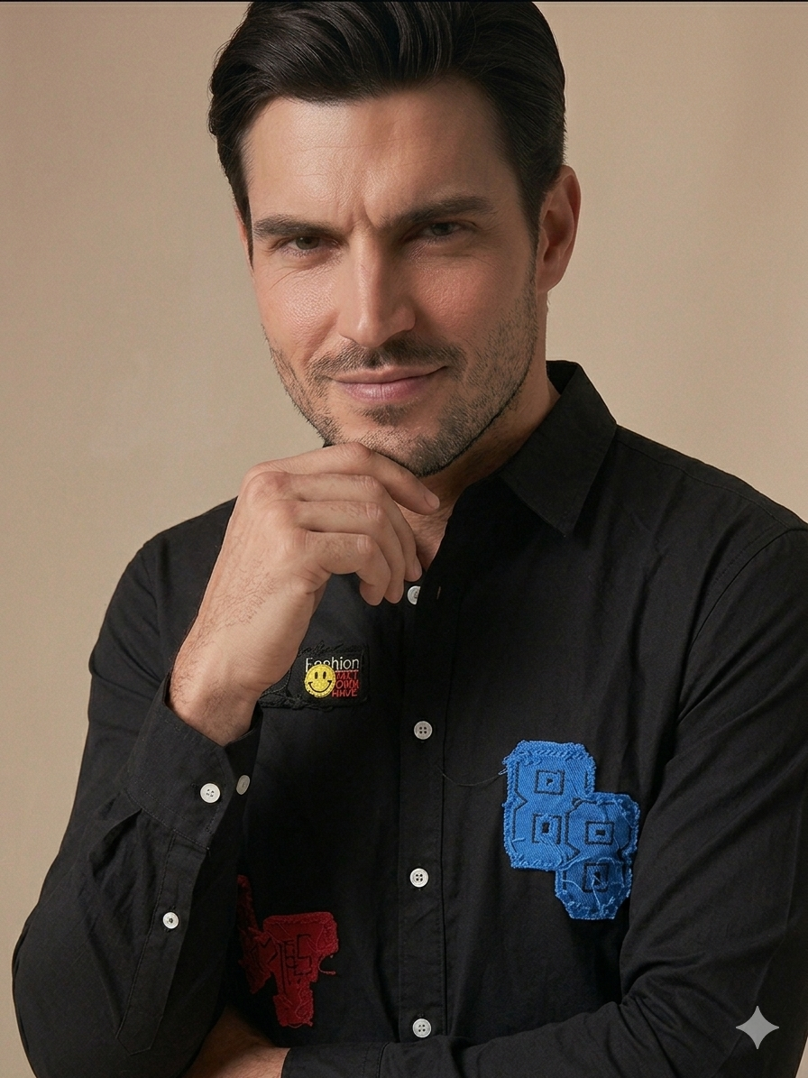 Black Curious Smiley Varsity Patch Full Sleeve Shirt – TRY ME