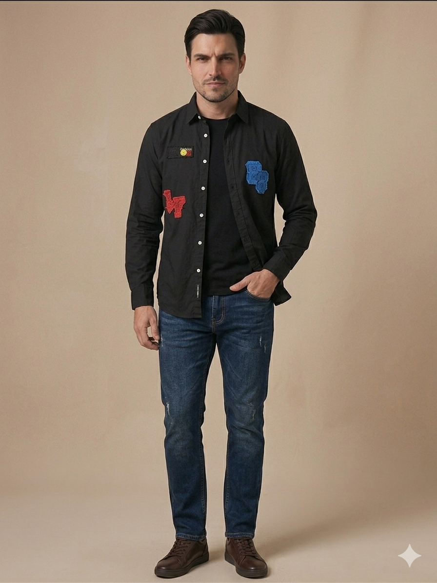 Black Curious Smiley Varsity Patch Full Sleeve Shirt – TRY ME