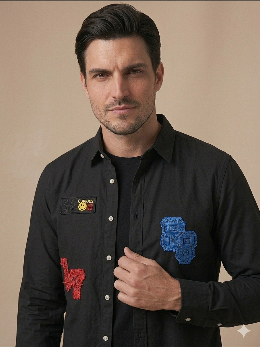Black Curious Smiley Varsity Patch Full Sleeve Shirt – TRY ME