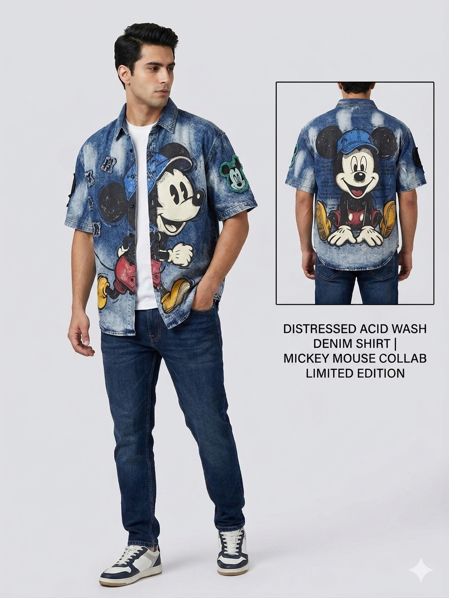 Mickey Mouse Collab Limited Edition Distressed Acid Wash Denim Short Sleeve Shirt – TRY ME