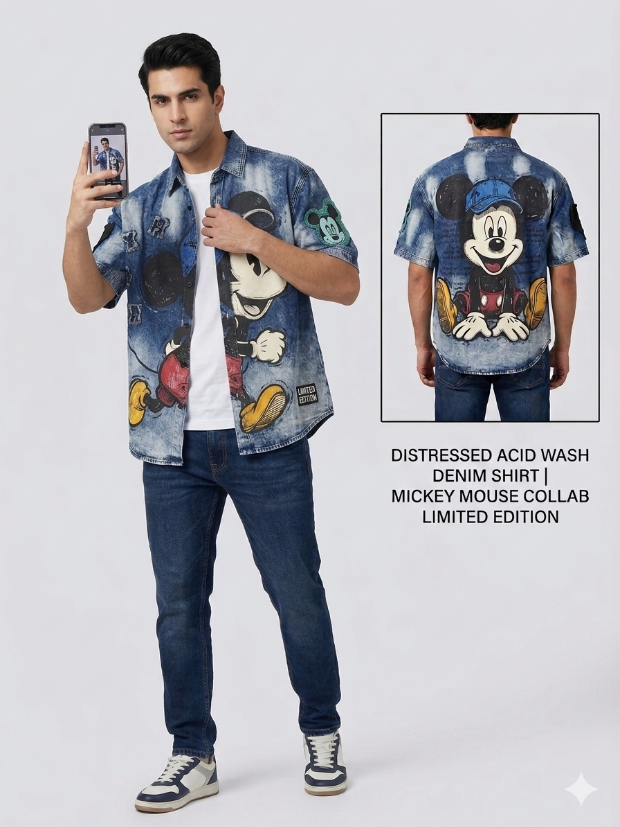Mickey Mouse Collab Limited Edition Distressed Acid Wash Denim Short Sleeve Shirt – TRY ME