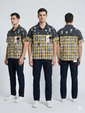 Black Distressed Denim x Yellow Plaid Patchwork “Amour” Badge Short Sleeve Shirt – TRY ME