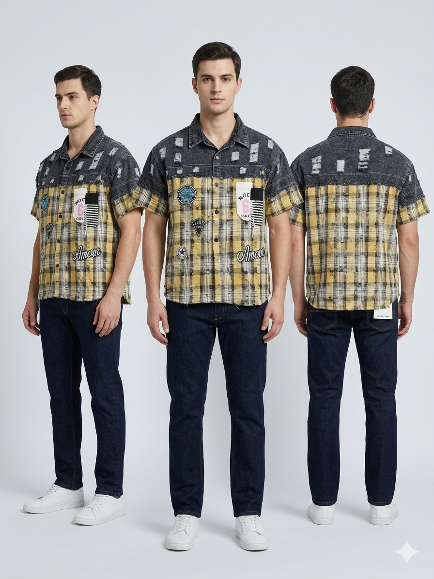 Black Distressed Denim x Yellow Plaid Patchwork “Amour” Badge Short Sleeve Shirt – TRY ME