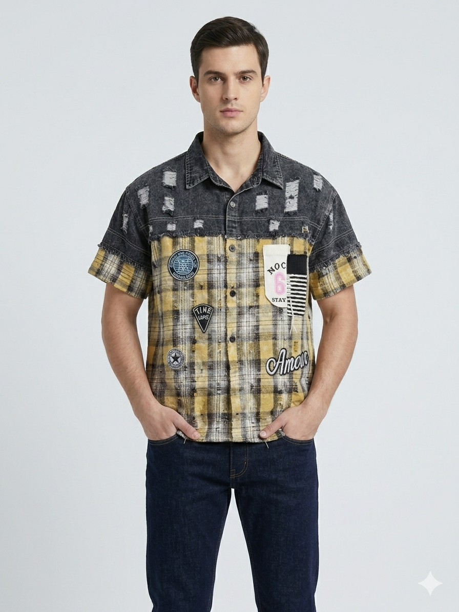 Black Distressed Denim x Yellow Plaid Patchwork “Amour” Badge Short Sleeve Shirt – TRY ME