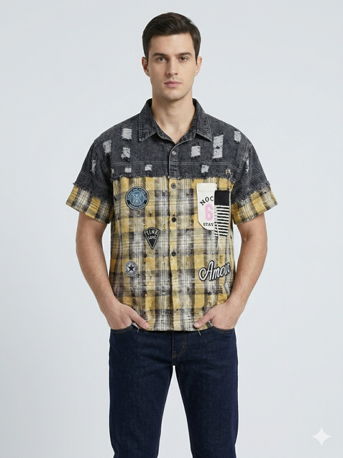 Black Distressed Denim x Yellow Plaid Patchwork “Amour” Badge Short Sleeve Shirt – TRY ME