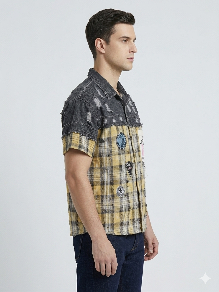 Black Distressed Denim x Yellow Plaid Patchwork “Amour” Badge Short Sleeve Shirt – TRY ME