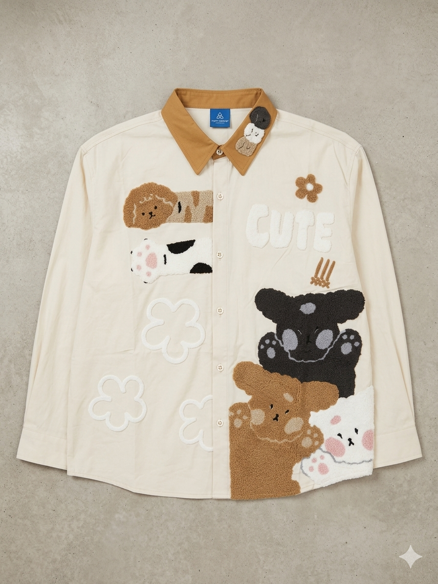Cream Kawaii Teddy Bear Appliqué “CUTE” Full Sleeve Shirt – TRY ME