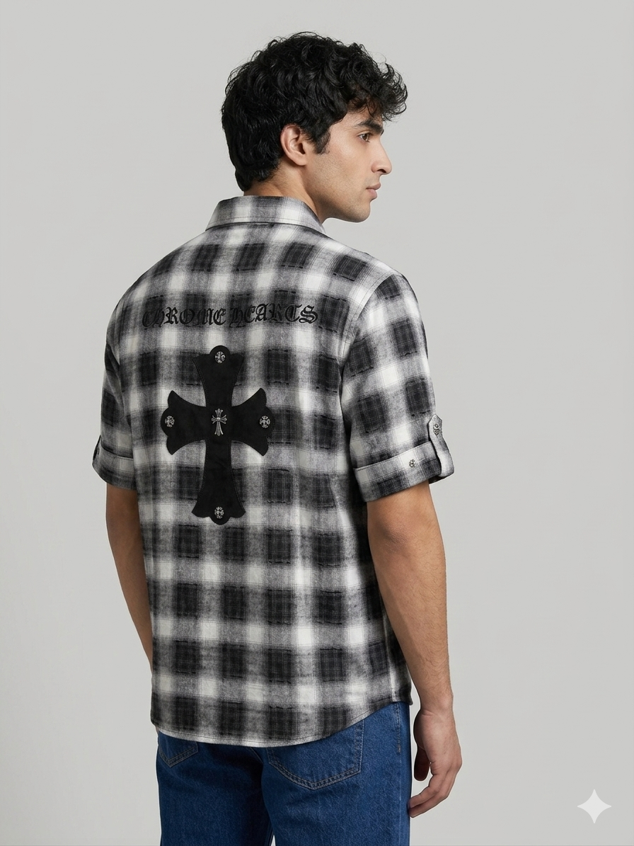 Black White Plaid Chrome Hearts Cross Back Embroidery Short Sleeve Flannel Shirt – TRY ME