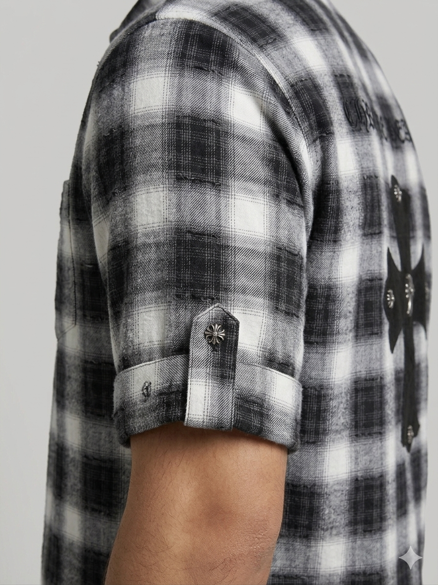 Black White Plaid Chrome Hearts Cross Back Embroidery Short Sleeve Flannel Shirt – TRY ME