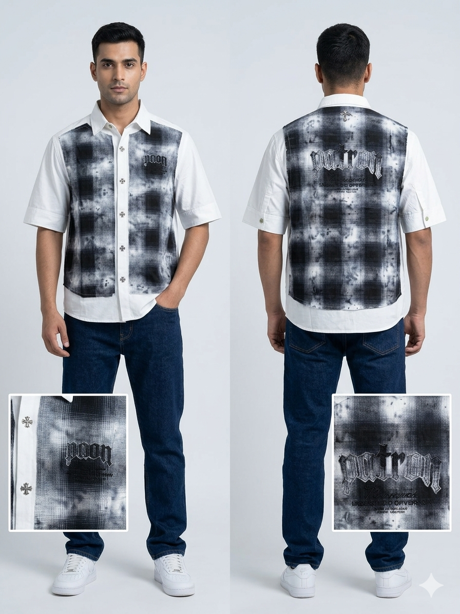 White x Black Plaid “Patron” Gothic Script Patchwork Short Sleeve Shirt – TRY ME