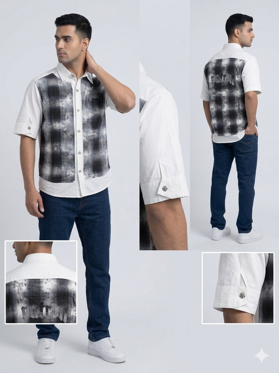 White x Black Plaid “Patron” Gothic Script Patchwork Short Sleeve Shirt – TRY ME