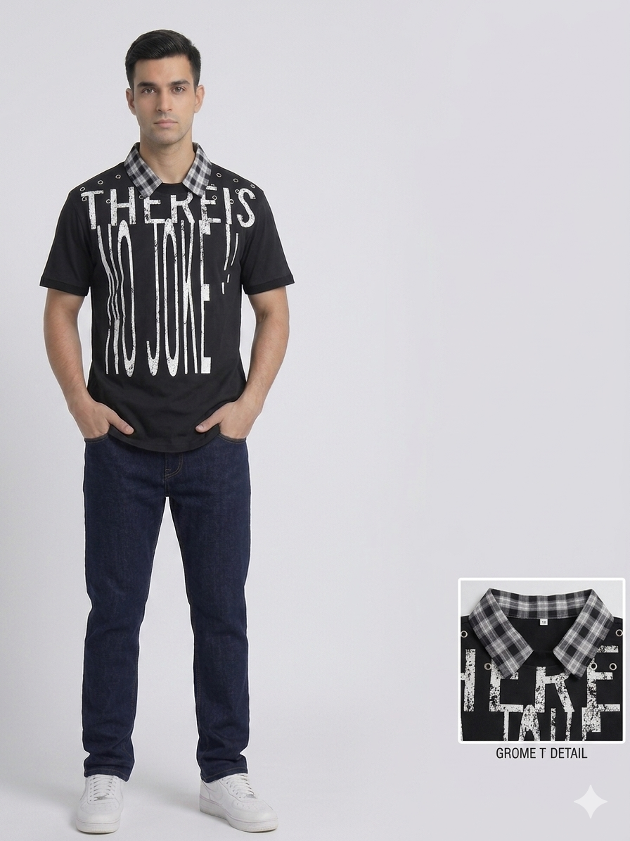 Black “There Is No Joke!” Grommet Plaid Collar Short Sleeve T-Shirt – TRY ME