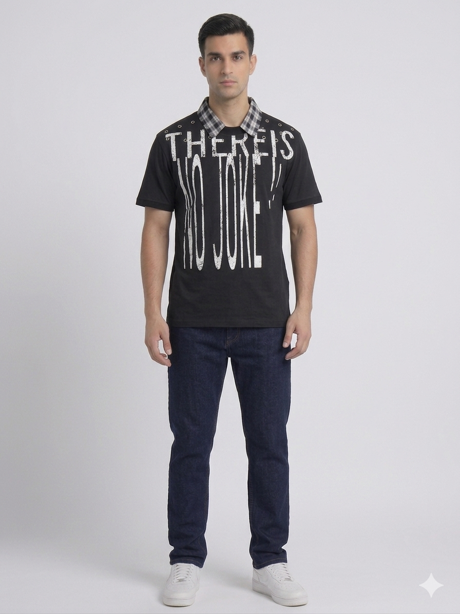Black “There Is No Joke!” Grommet Plaid Collar Short Sleeve T-Shirt – TRY ME