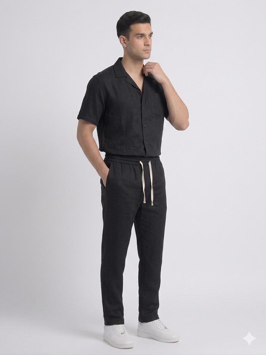 Black Leelan Fabric Cuban Collar Shirt & Drawstring Trouser Coord Set – TRY ME