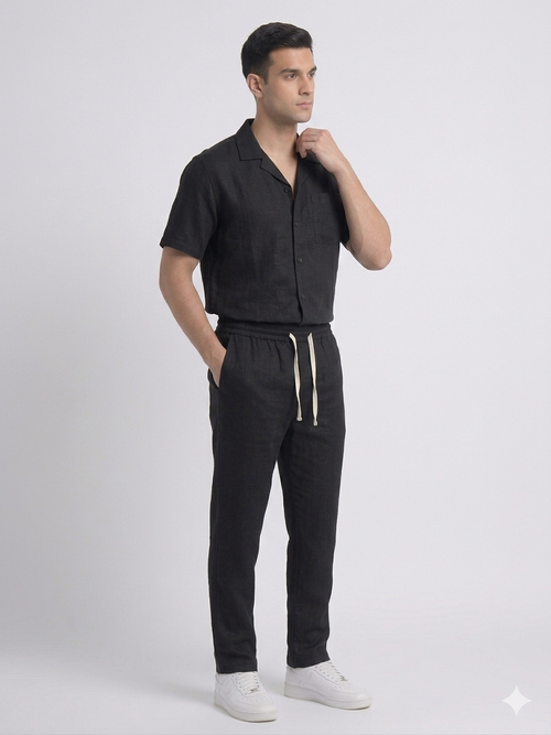 Black Leelan Fabric Cuban Collar Shirt & Drawstring Trouser Coord Set – TRY ME