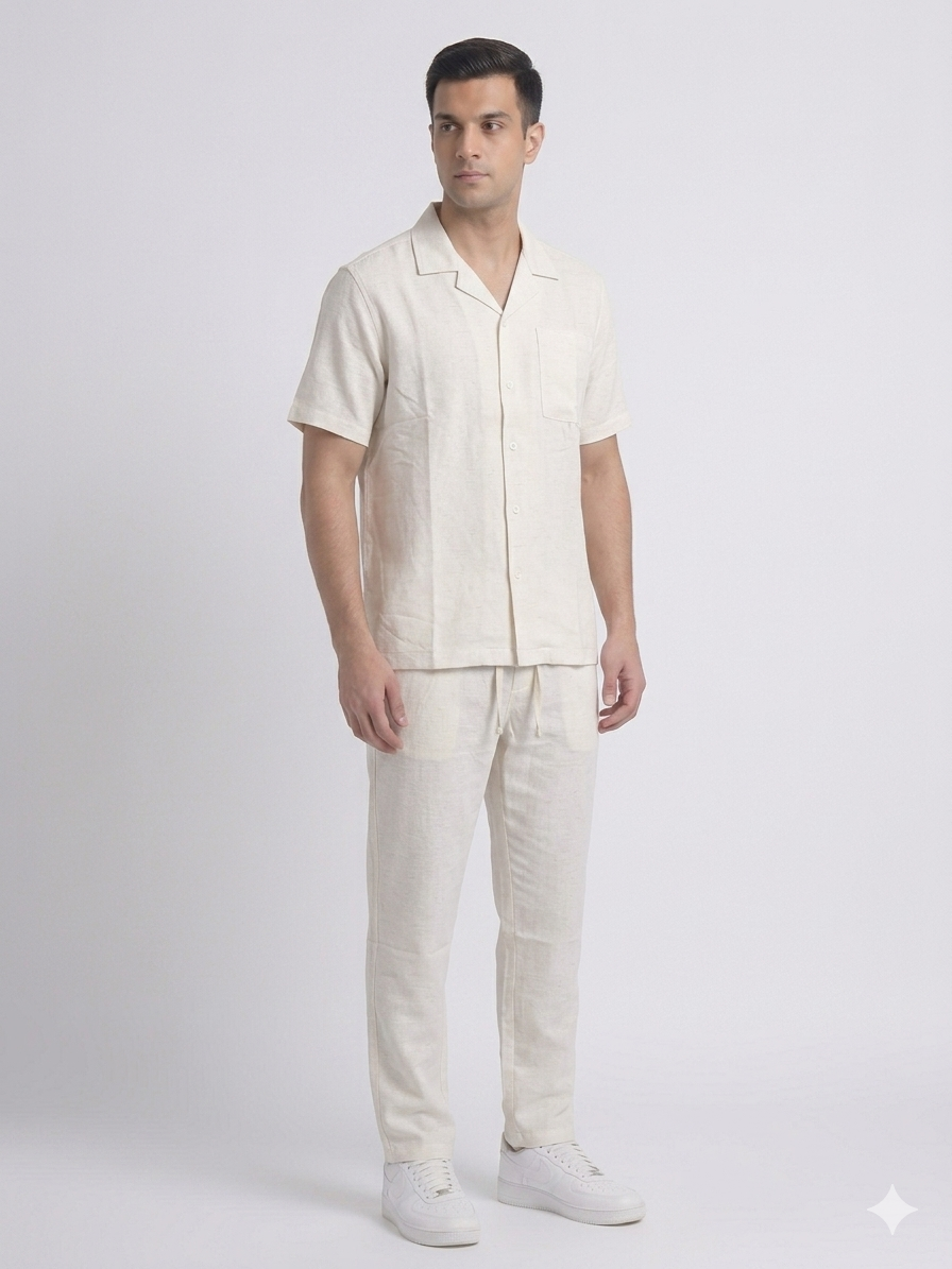 Cream Leelan Fabric Cuban Collar Shirt & Drawstring Trouser Coord Set – TRY ME