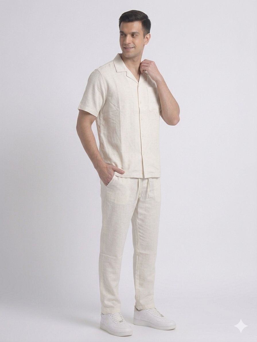 Cream Leelan Fabric Cuban Collar Shirt & Drawstring Trouser Coord Set – TRY ME