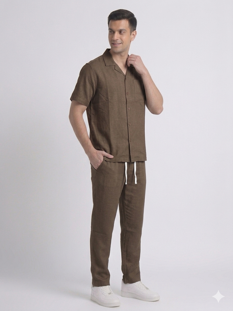 Brown Leelan Fabric Cuban Collar Shirt & Drawstring Trouser Coord Set – TRY ME