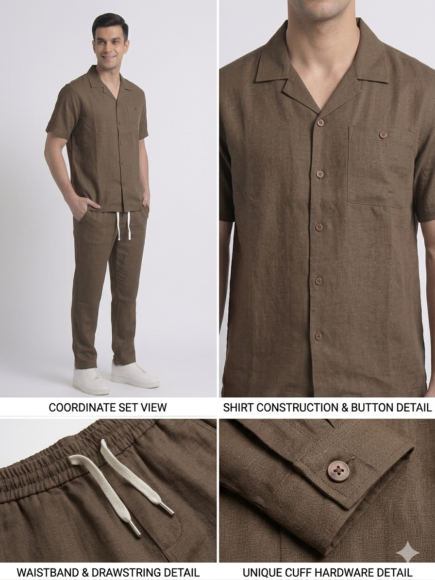 Brown Leelan Fabric Cuban Collar Shirt & Drawstring Trouser Coord Set – TRY ME