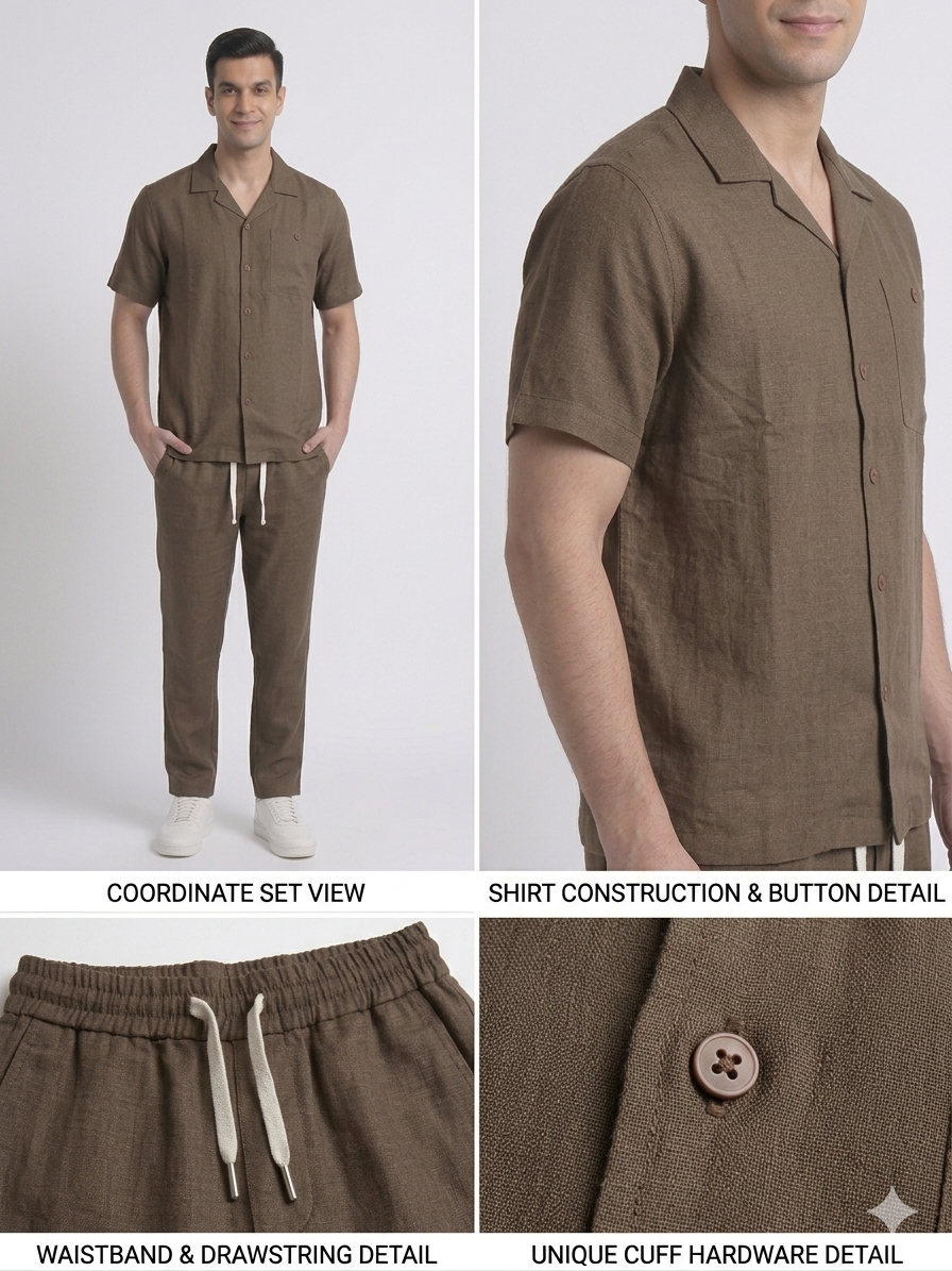 Brown Leelan Fabric Cuban Collar Shirt & Drawstring Trouser Coord Set – TRY ME