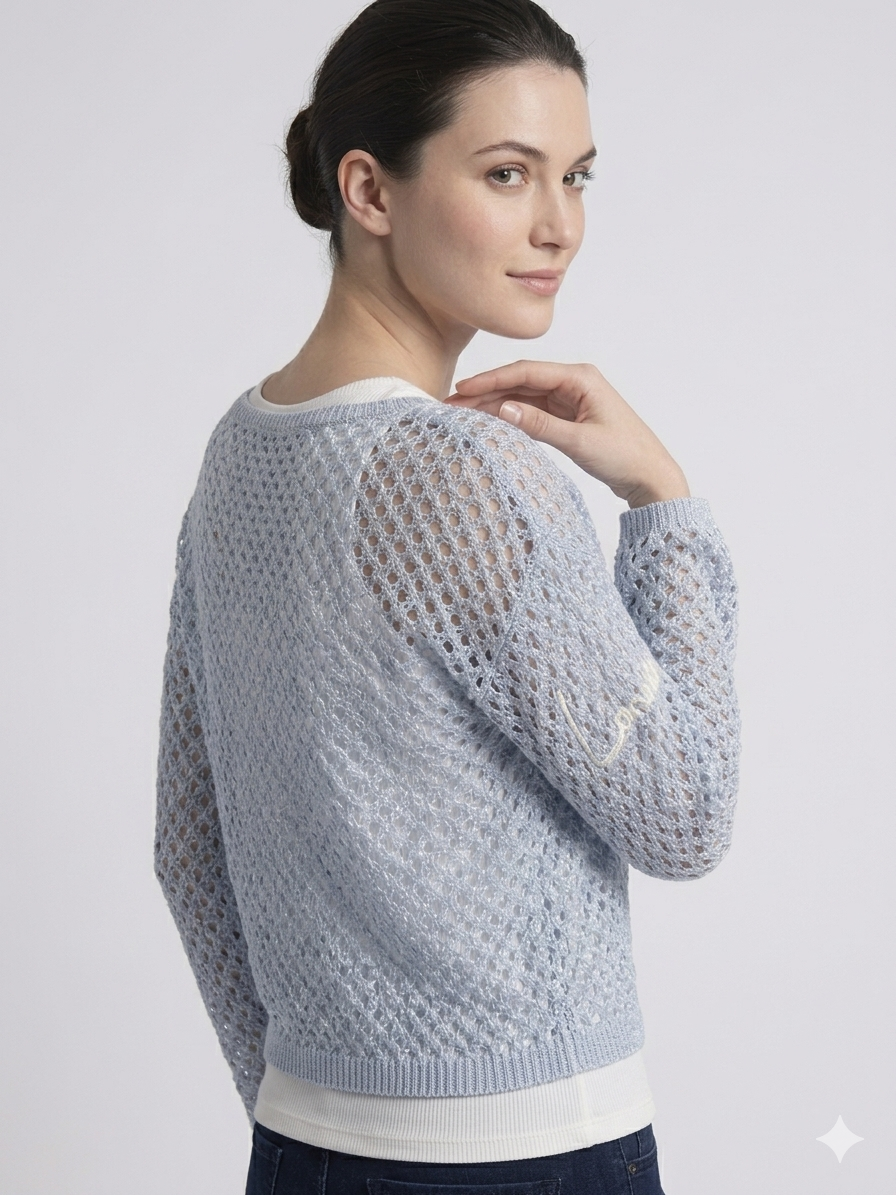 Sky Blue Metallic Crochet Open Knit Full Sleeve Sweater Top – TRY ME