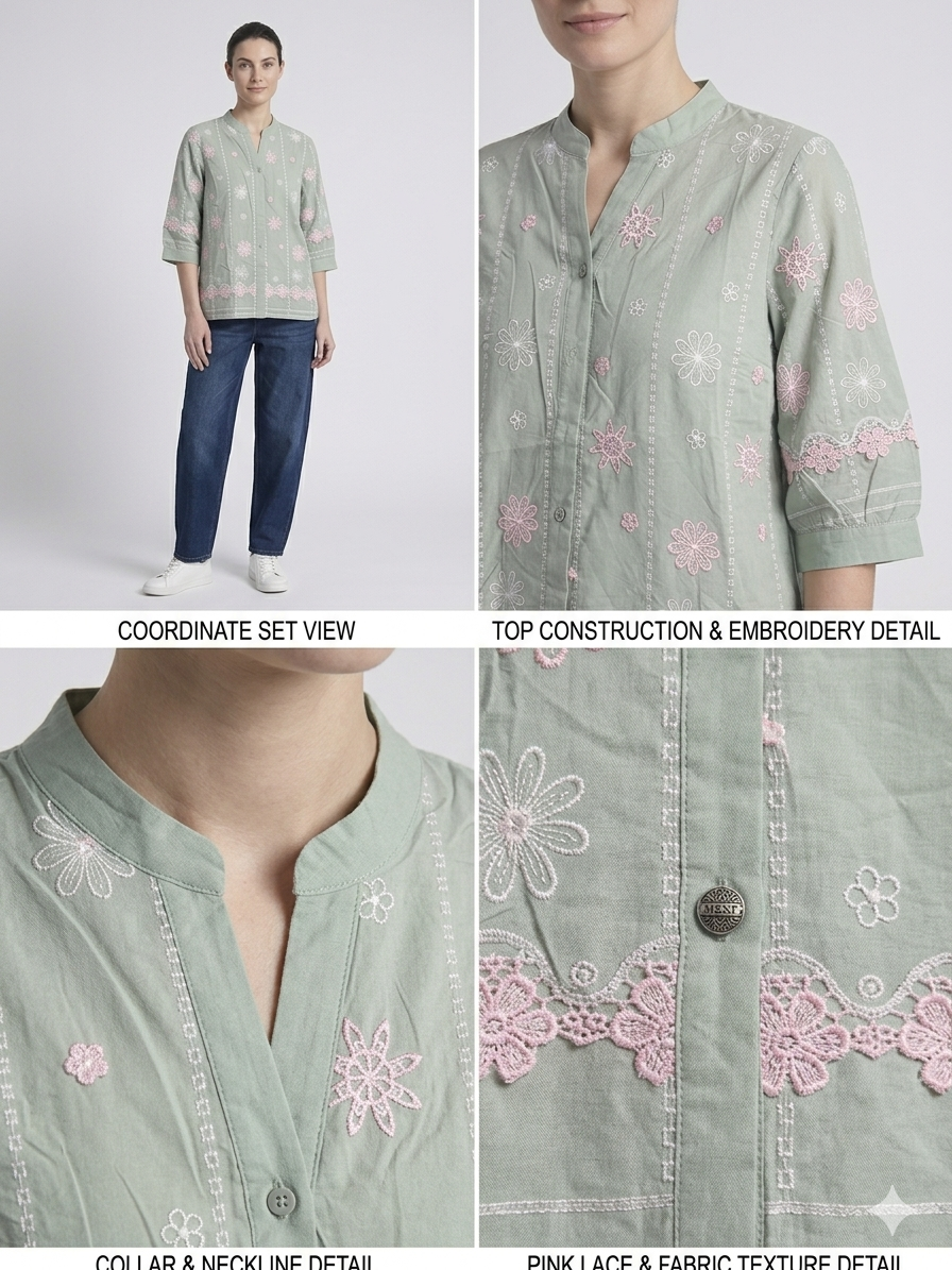Pink Chikankari Embroidery Mandarin Collar 3/4 Sleeve Top – TRY ME