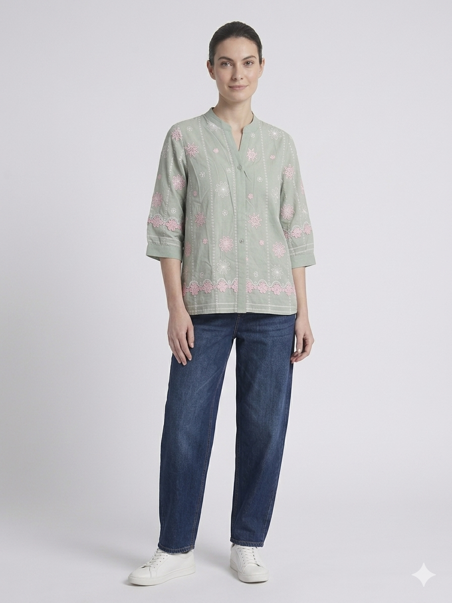 Pink Chikankari Embroidery Mandarin Collar 3/4 Sleeve Top – TRY ME