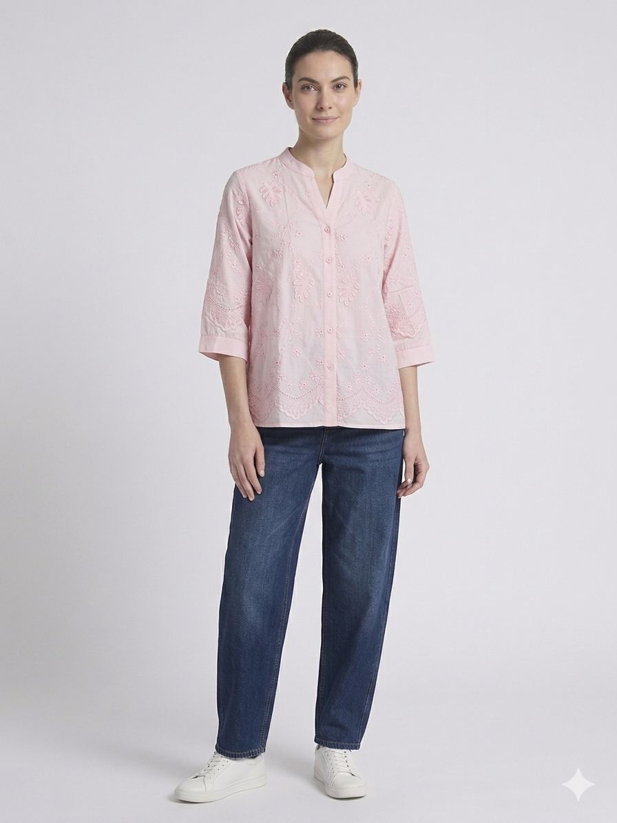 Pink Chikankari Embroidery Mandarin Collar 3/4 Sleeve Top – TRY ME