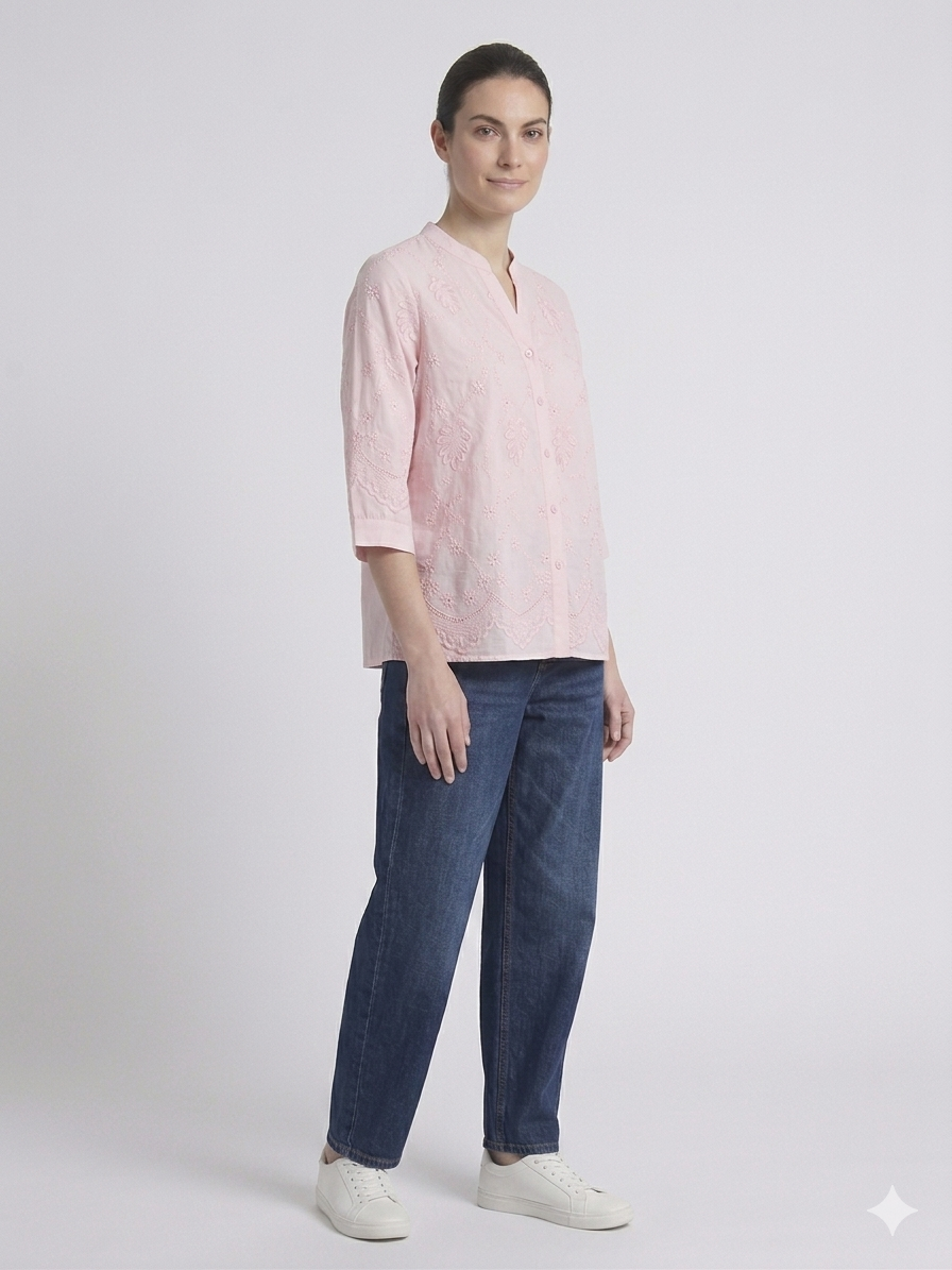 Pink Chikankari Embroidery Mandarin Collar 3/4 Sleeve Top – TRY ME