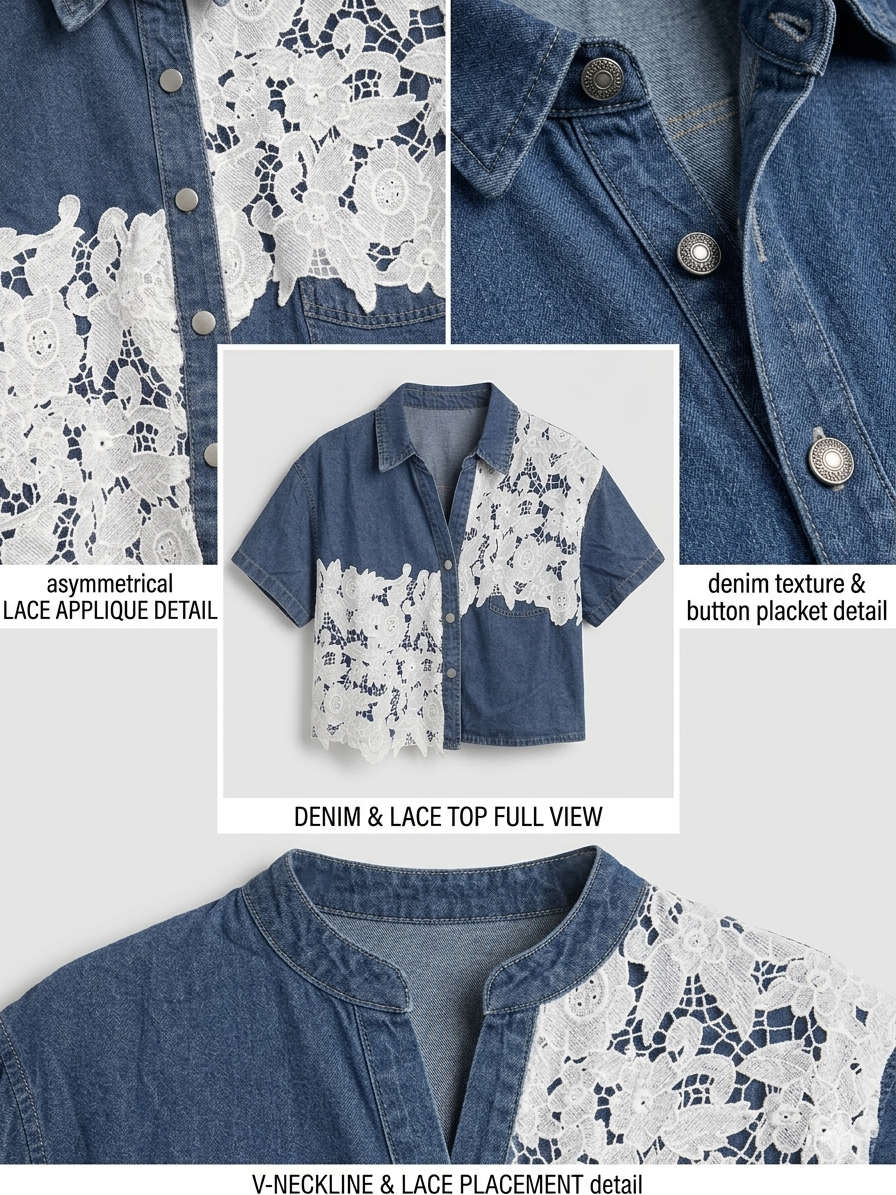 Blue Denim Asymmetrical Lace Appliqué Short Sleeve Top – TRY ME