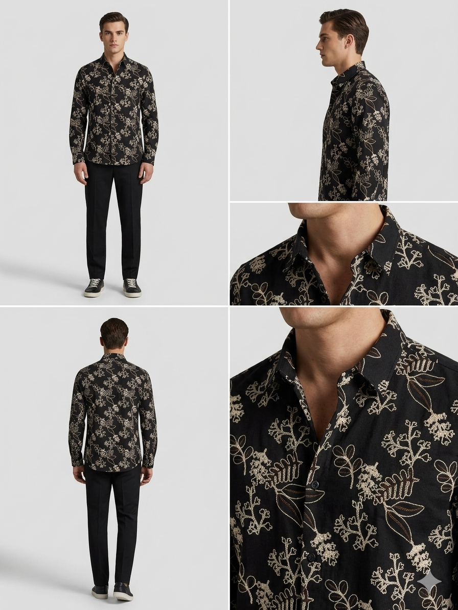 Botanical Bloom Embroidered Shirt — Men's Floral Print Full Sleeve