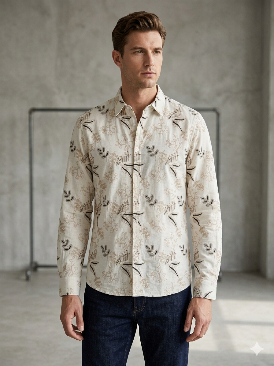 Botanical Bloom Embroidered Shirt — Men's Floral Print Full Sleeve