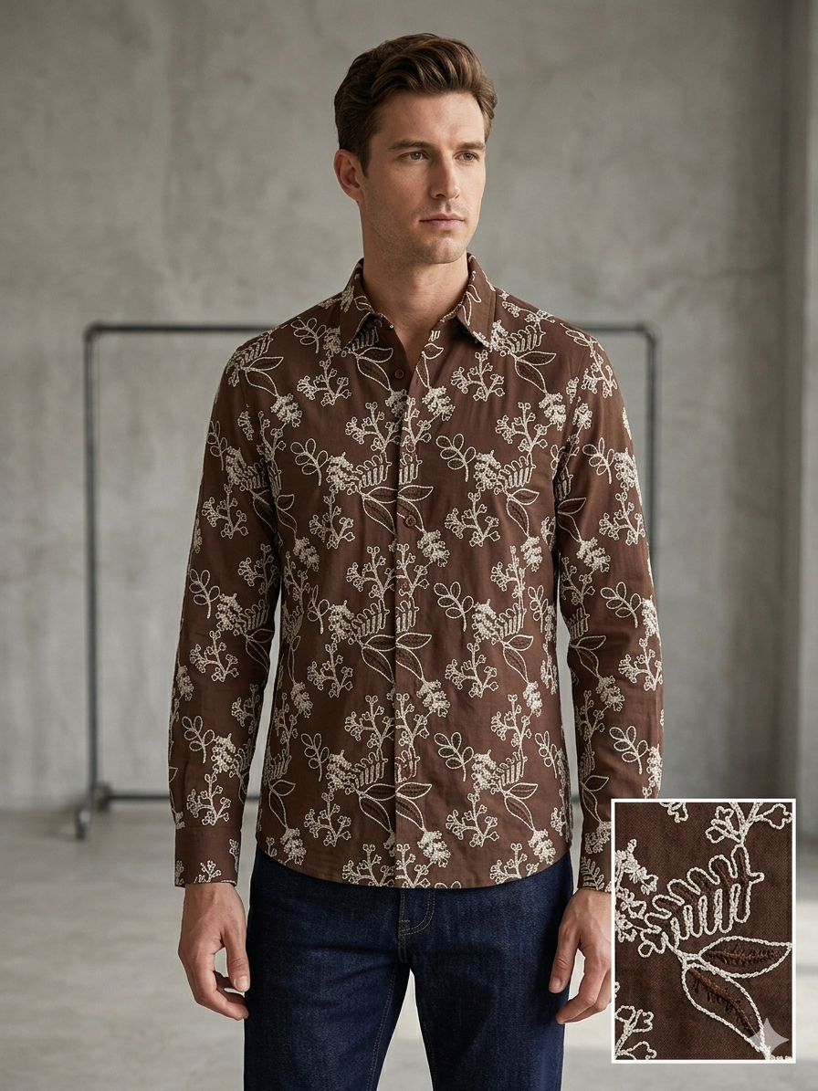 Botanical Bloom Embroidered Shirt — Men's Floral Print Full Sleeve