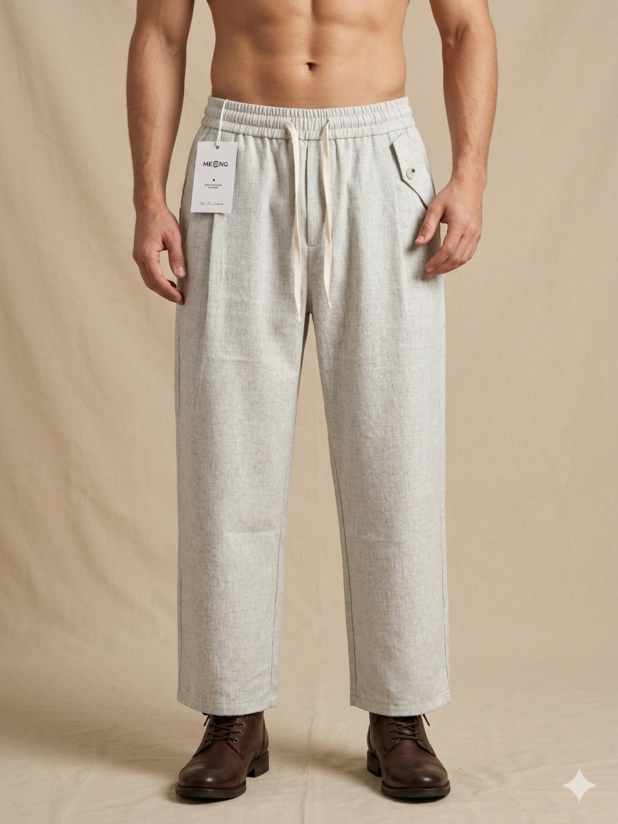 Mecng Linen Blend Drawstring Wide Leg Trousers – Oatmeal – TRY ME