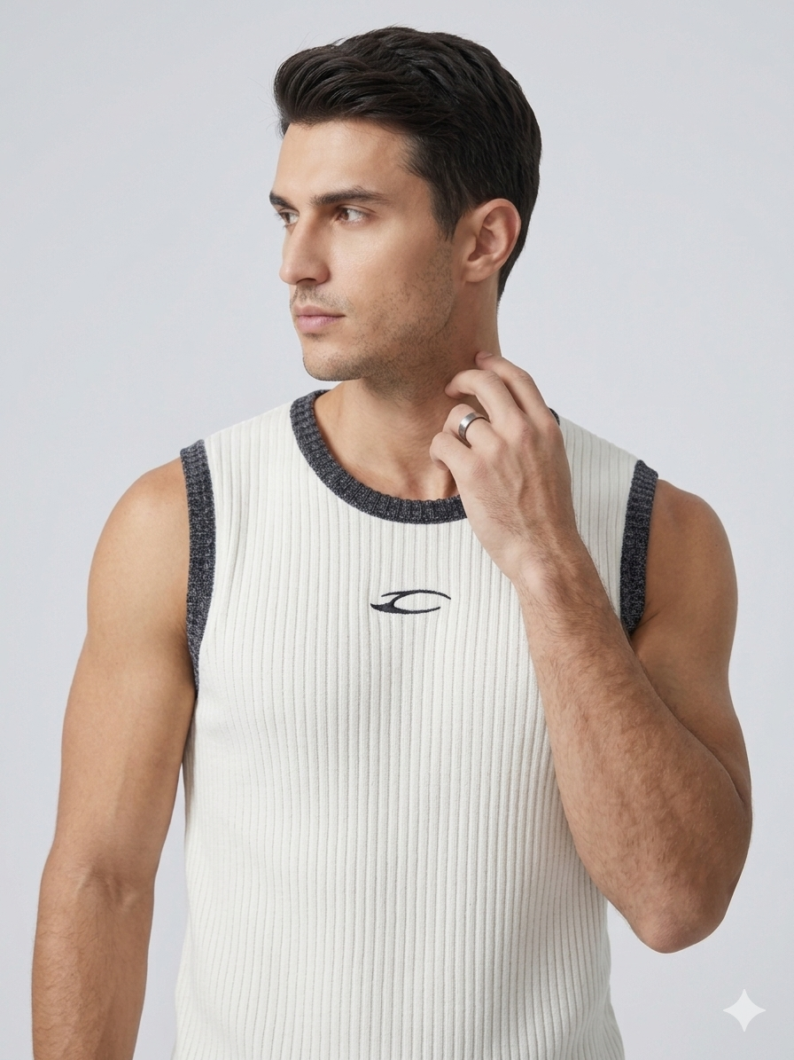 Savage & Co Authentic Ribs Contrast Trim Muscle Vest – Cream – TRY ME