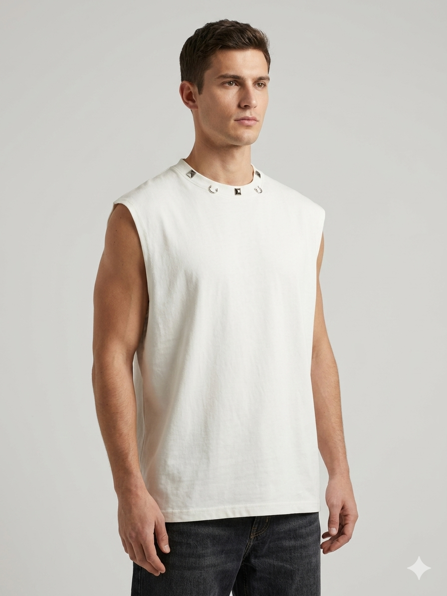 Valentino Rockstud Stud Trim Oversized Muscle Vest – Ivory – TRY ME